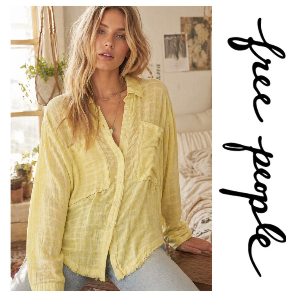 Free People Loveland Yellow Windowpane Button Down Long Sleeve Blouse L